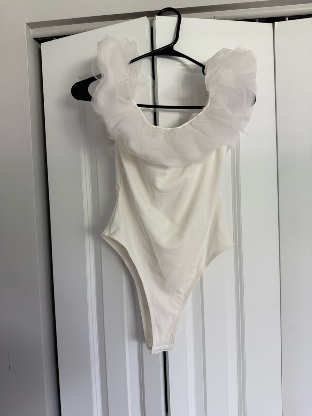 Ivory Ruffle-Neck Bodysuit with Tulle Detail
